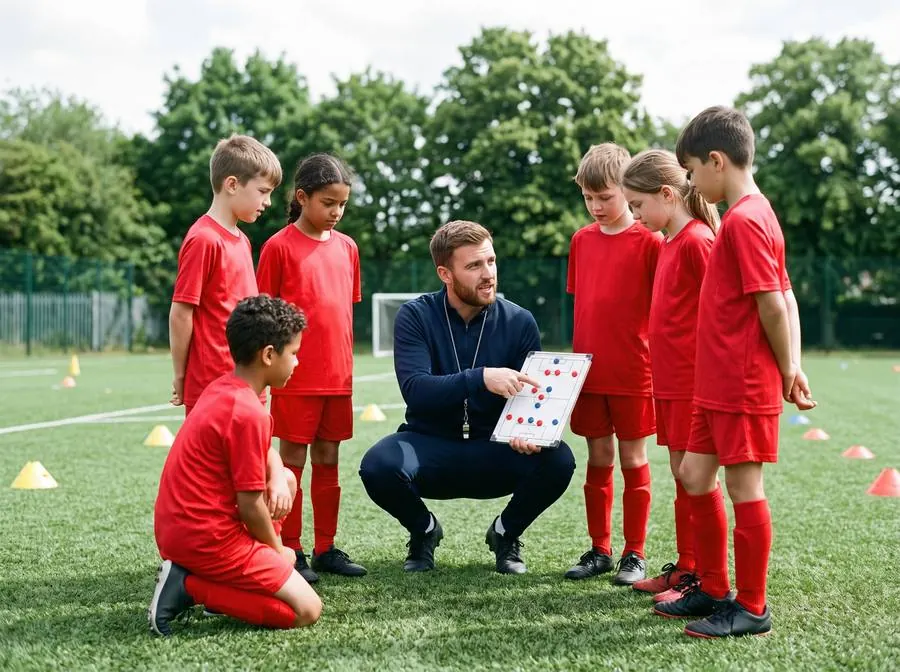 Trainer erklärt einer Kindergruppe eine Übung